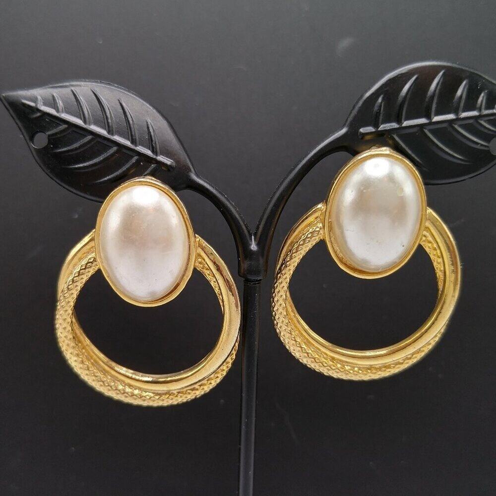 Vintage Double Gold Tone Loop Post Earrings, Faux Pearl Oval Cab, 3/4 Inch